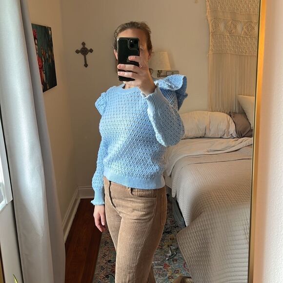 Ann Taylor Loft Sweater Womens Small Blue Ruffle Shoulder - Picture 3 of 7